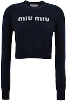(Women) MIU MIU Slim-Fit Long-Sleeve Knit Sweater Navy Blue Logo Design. MML809-13K1-F0008 -S-232 (Women) MIU MIU Slim-Fit Long-Sleeve Knit Sweater Navy Blue Logo Design. MML809-13K1-F0008 -S-232