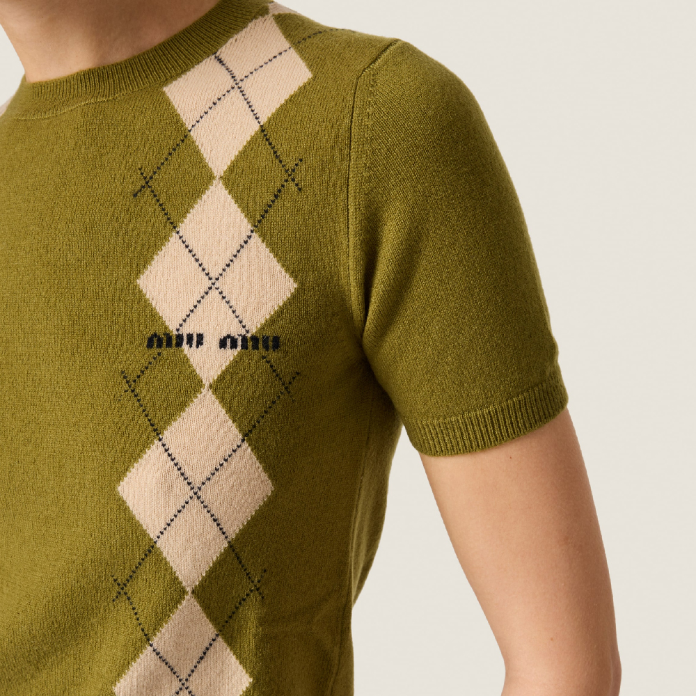 (Women) MIU MIU  Slim Fit Diamond Knit Short-Sleeve Cashmere Sweater Fern Green MML974-15NE-F00IS-S-OOO 圖 5