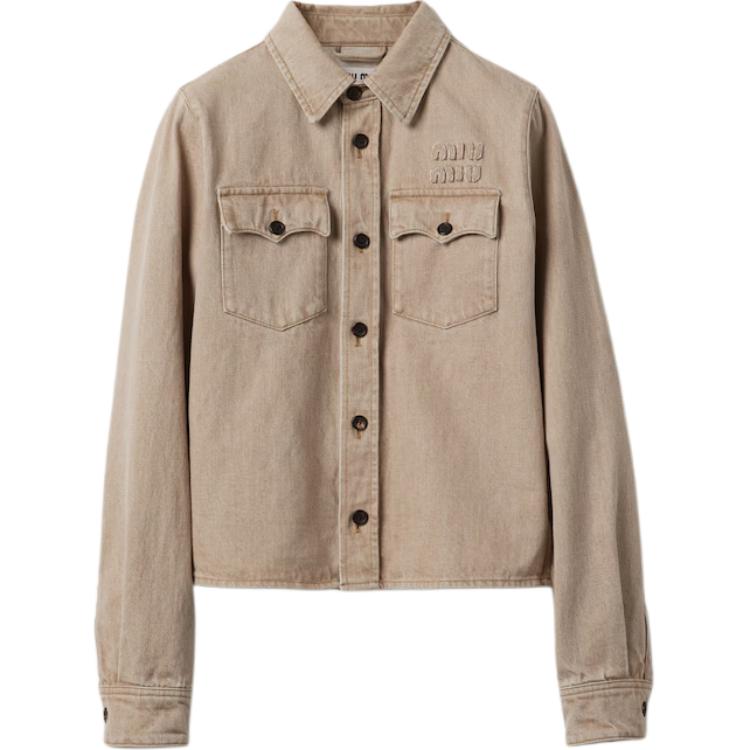 (Women) MIU MIU  Slim Fit Long Sleeve Shirt with Logo Embroidery in Beige. GWC113-140H-F0006-S-AM1