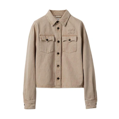 (Women) MIU MIU Slim Fit Long Sleeve Shirt with Logo Embroidery in Beige. GWC113-140H-F0006-S-AM1