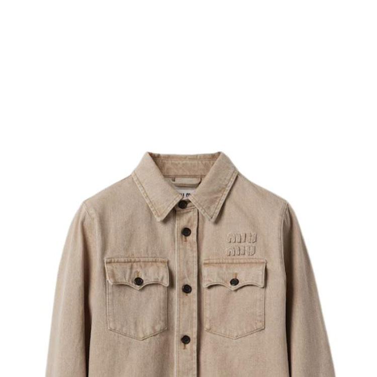 Details for (W) MIU MIU Camisa Slim Fit de Manga Larga con Bordado de Logo en Beige. GWC113-140H-F0006-S-AM1