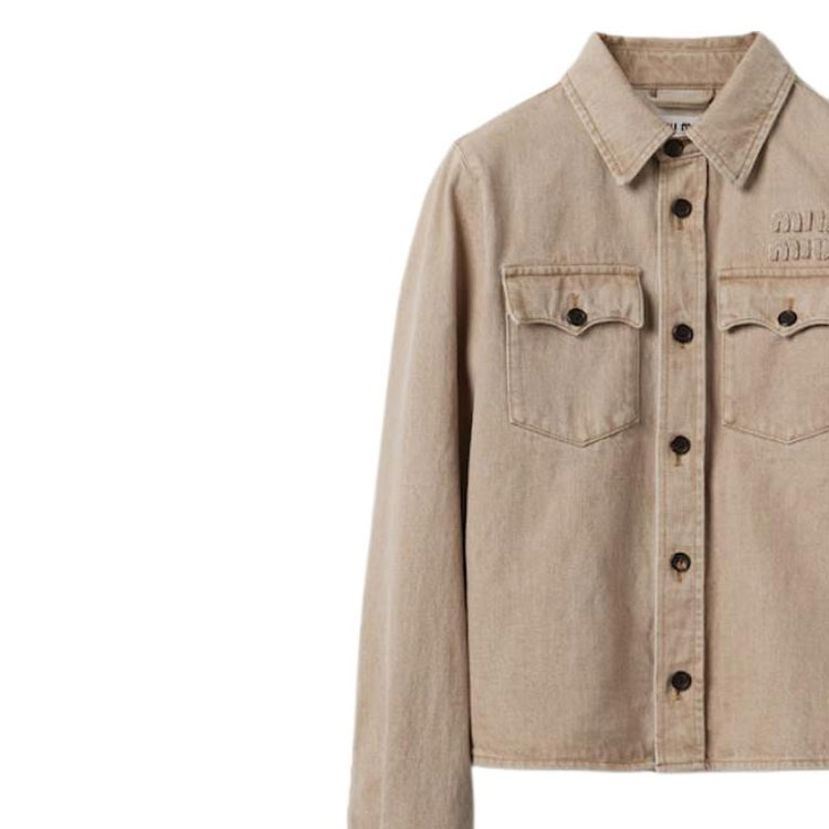 Sizing (W) MIU MIU Camisa Slim Fit de Manga Larga con Bordado de Logo en Beige. GWC113-140H-F0006-S-AM1