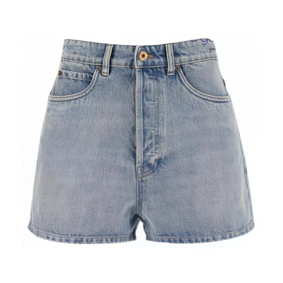 (Women) MIU MIU Solid Blue Denim Zip-Up Loose Shorts. GWP498-1373-F0076