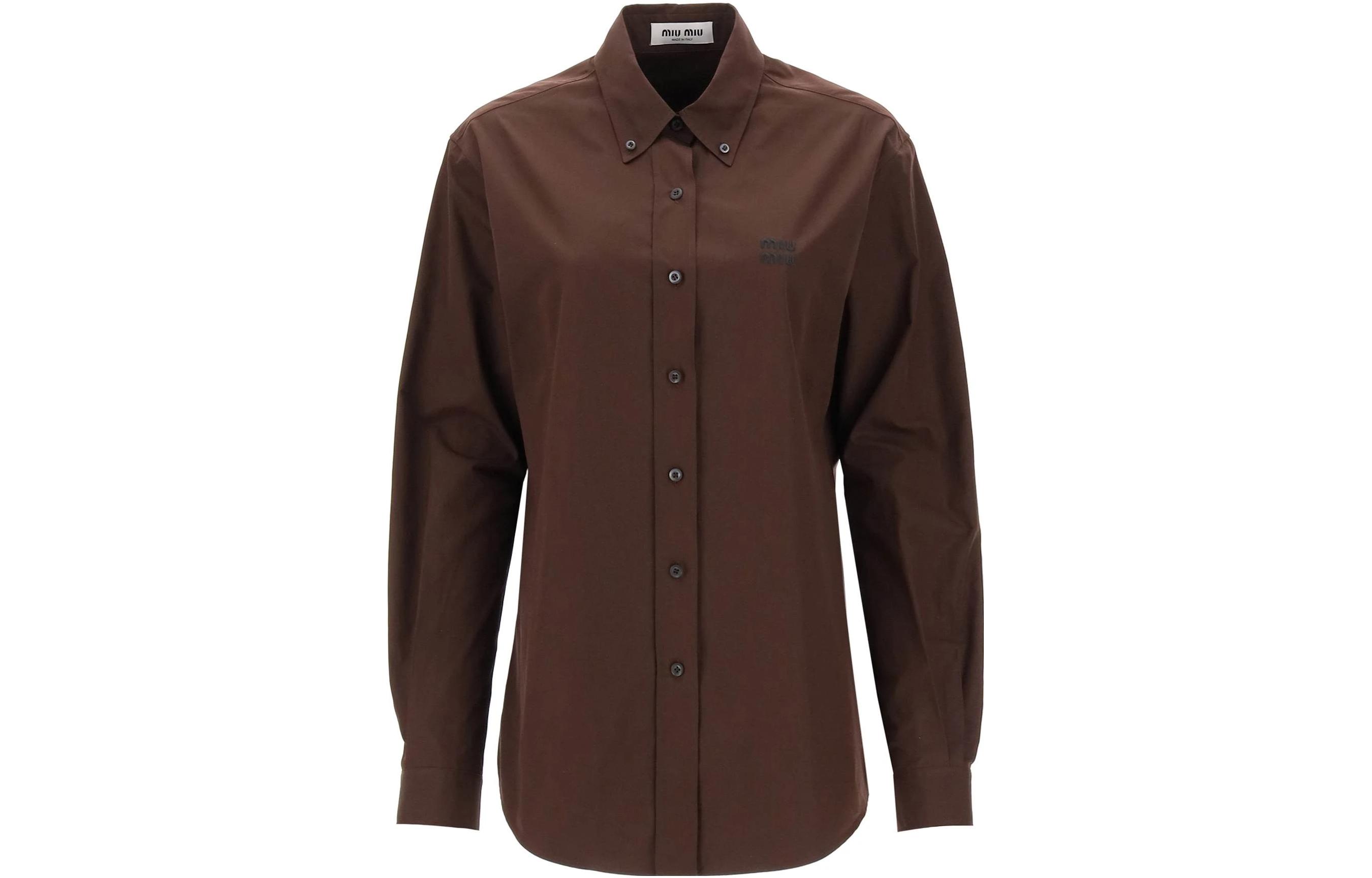 Order (W) MIU MIU Camisa Marrón de Manga Larga con Botones y Color Sólido MK1693-10RG-F0324