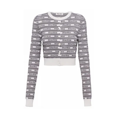 (Women) MIU MIU SS23 Gray Fitted Cropped Long Sleeve Sweater. MMF711-12ZI-F0964