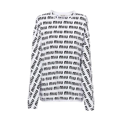 (Women) MIU MIU SS23 White Long Sleeve Pullover Tee with Logo Print. MJL862-12P2-F0009