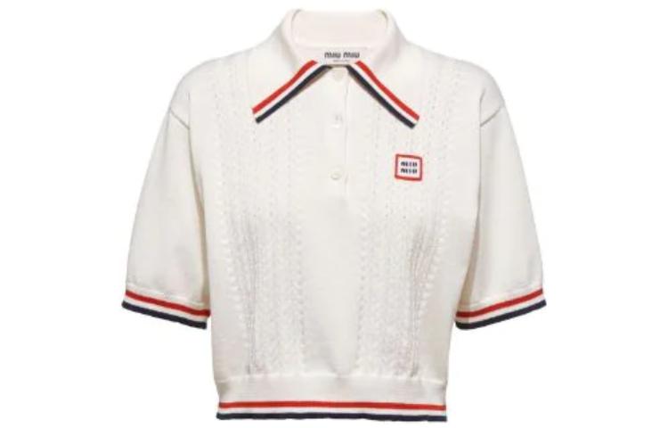(Women) MIU MIU  SS23 White Short Sleeve Polo Shirt with Striped Letter Trim. MML676-110B-F0009