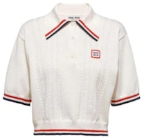 (Women) MIU MIU SS23 White Short Sleeve Polo Shirt with Striped Letter Trim. MML676-110B-F0009 (Women) MIU MIU SS23 White Short Sleeve Polo Shirt with Striped Letter Trim. MML676-110B-F0009