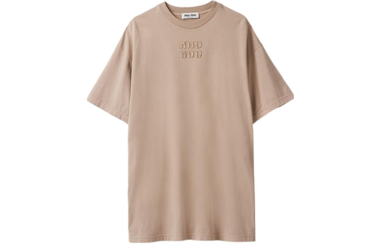 (Women) Miu Miu  SS24 Embroidered Short-Sleeve Mini Dress in Camel Brown. MJA864-137L-F0627-S-OOO