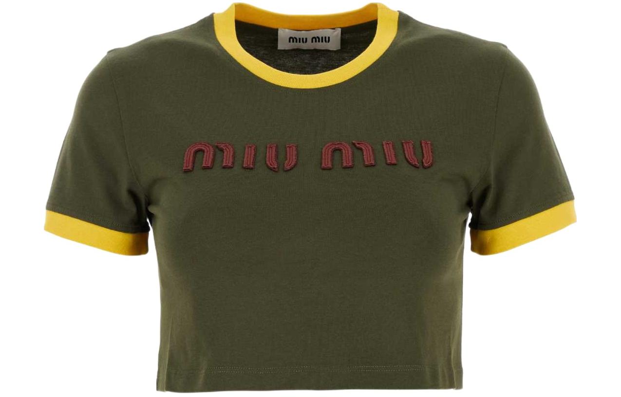 (Women) MIU MIU  SS24 Green Cropped High-Waist Embroidered Logo T-Shirt. MJN519-115L-F0O4J-S-OOO