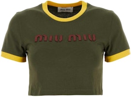 (Women) MIU MIU SS24 Green Cropped High-Waist Embroidered Logo T-Shirt. MJN519-115L-F0O4J-S-OOO (Women) MIU MIU SS24 Green Cropped High-Waist Embroidered Logo T-Shirt. MJN519-115L-F0O4J-S-OOO