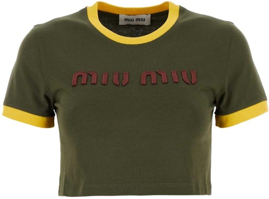 (W) 미우미우 SS24 그린 크롭 하이웨이스트 로고 자수 티셔츠. MJN519-115L-F0O4J-S-OOO Buy (W) 미우미우 SS24 그린 크롭 하이웨이스트 로고 자수 티셔츠. MJN519-115L-F0O4J-S-OOO
