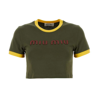 (Women) MIU MIU SS24 Green Cropped High-Waist Embroidered Logo T-Shirt. MJN519-115L-F0O4J-S-OOO