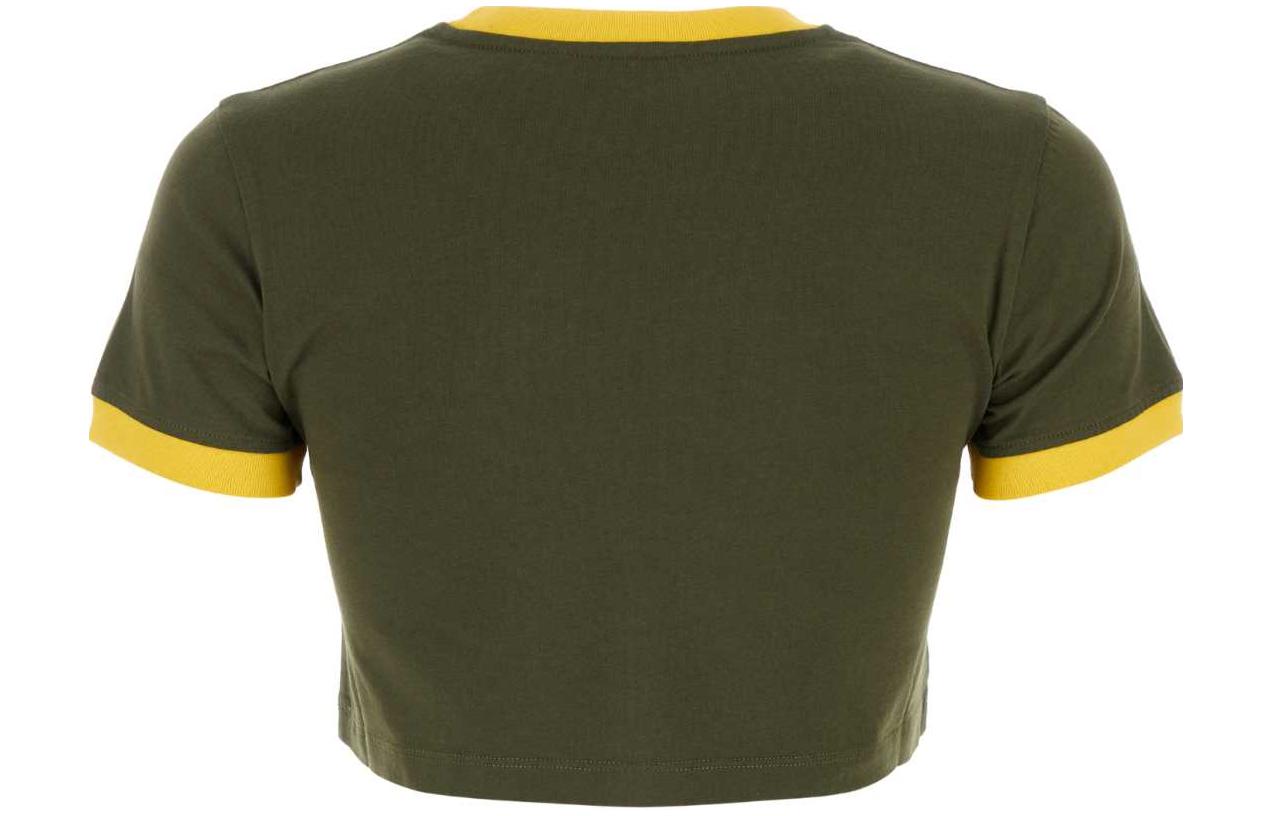 Lookbook (W) 미우미우 SS24 그린 크롭 하이웨이스트 로고 자수 티셔츠. MJN519-115L-F0O4J-S-OOO