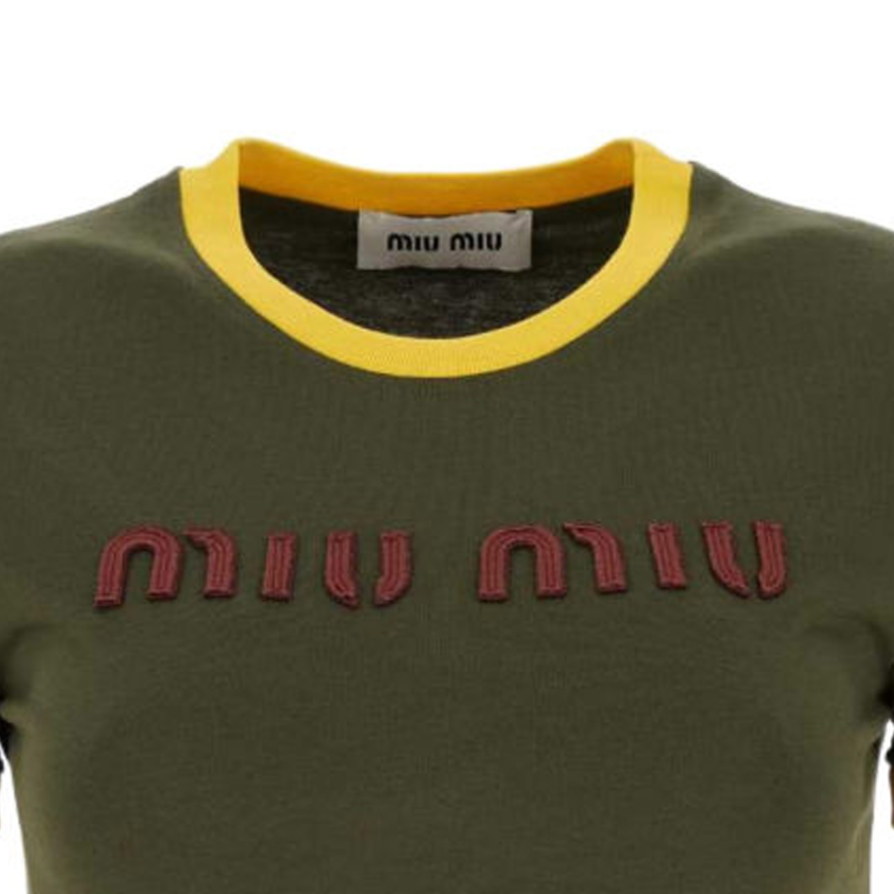 Shop (W) 미우미우 SS24 그린 크롭 하이웨이스트 로고 자수 티셔츠. MJN519-115L-F0O4J-S-OOO