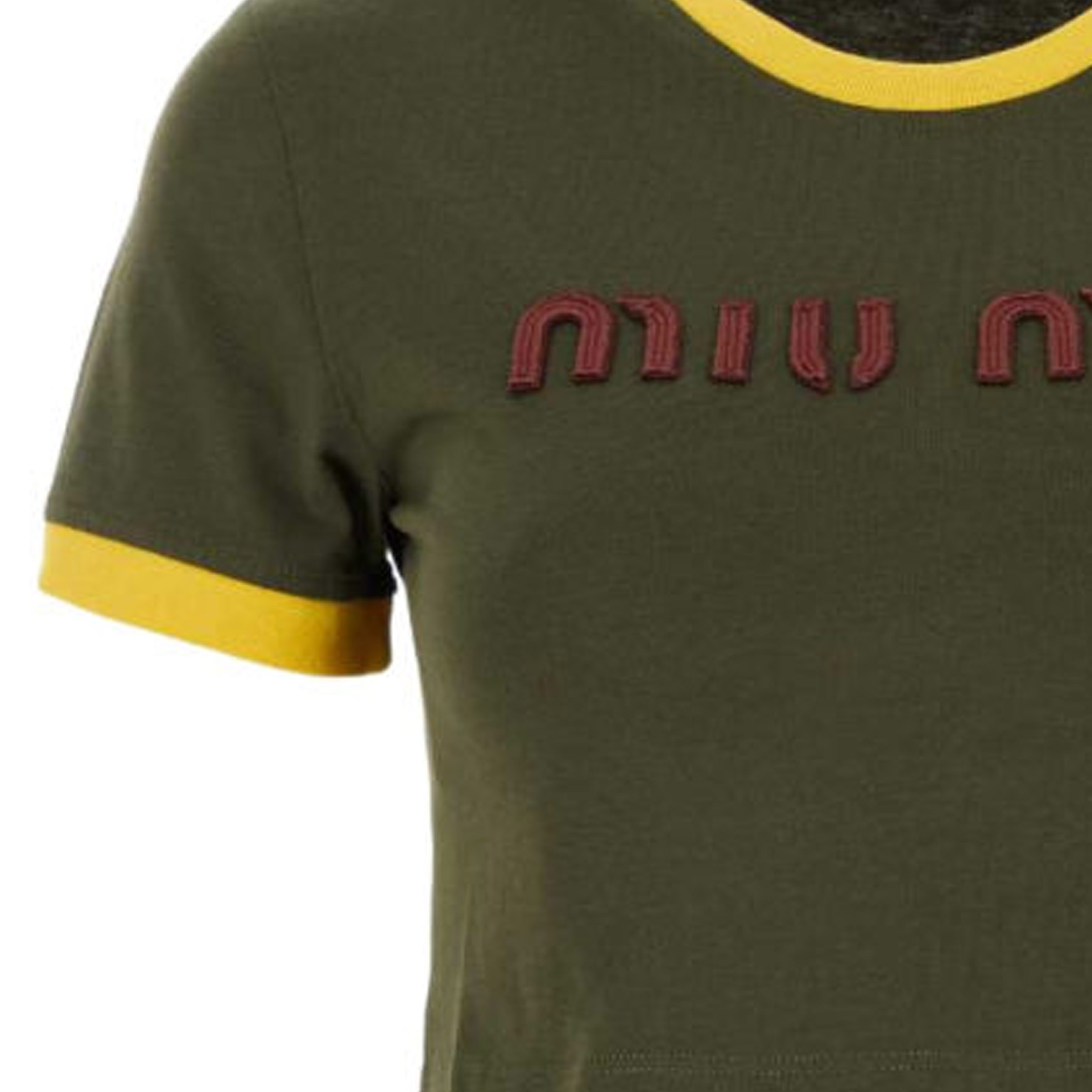 Purchase (W) 미우미우 SS24 그린 크롭 하이웨이스트 로고 자수 티셔츠. MJN519-115L-F0O4J-S-OOO