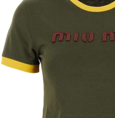 (W) 미우미우 SS24 그린 크롭 하이웨이스트 로고 자수 티셔츠. MJN519-115L-F0O4J-S-OOO Purchase (W) 미우미우 SS24 그린 크롭 하이웨이스트 로고 자수 티셔츠. MJN519-115L-F0O4J-S-OOO