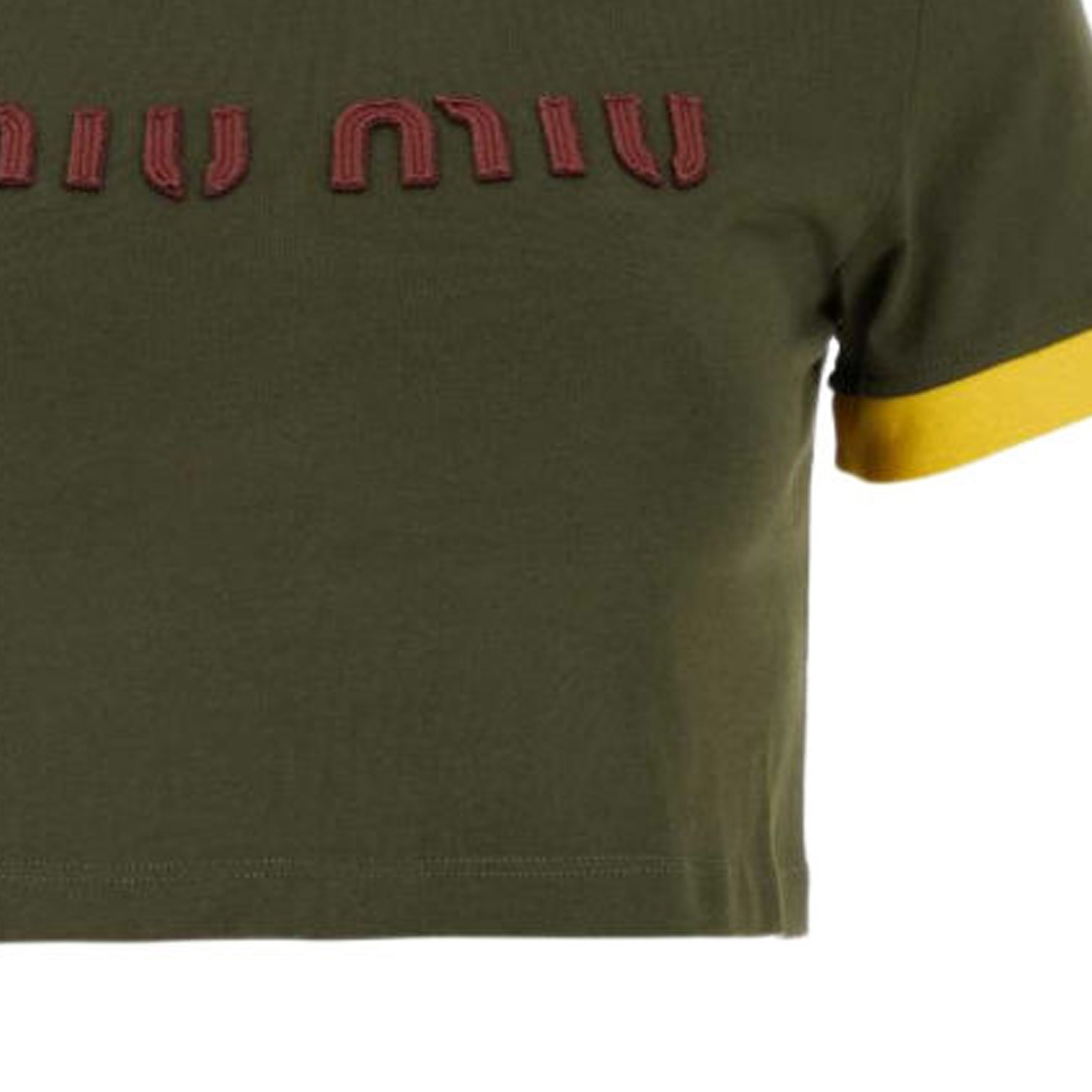 Cheap (W) 미우미우 SS24 그린 크롭 하이웨이스트 로고 자수 티셔츠. MJN519-115L-F0O4J-S-OOO