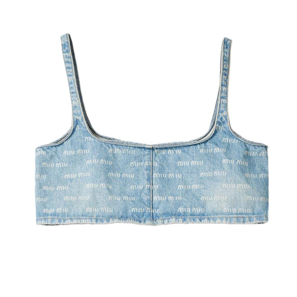 (Women) MIU MIU  SS24 Light Blue Letter Logo Printed Square-Neck Strap Top. GWT058-14HT-F0013-S-OOO