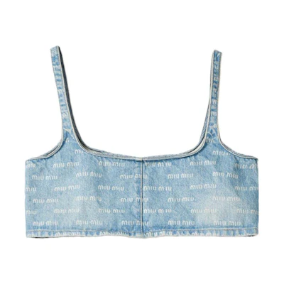 (Women) MIU MIU SS24 Light Blue Letter Logo Printed Square-Neck Strap Top. GWT058-14HT-F0013-S-OOO