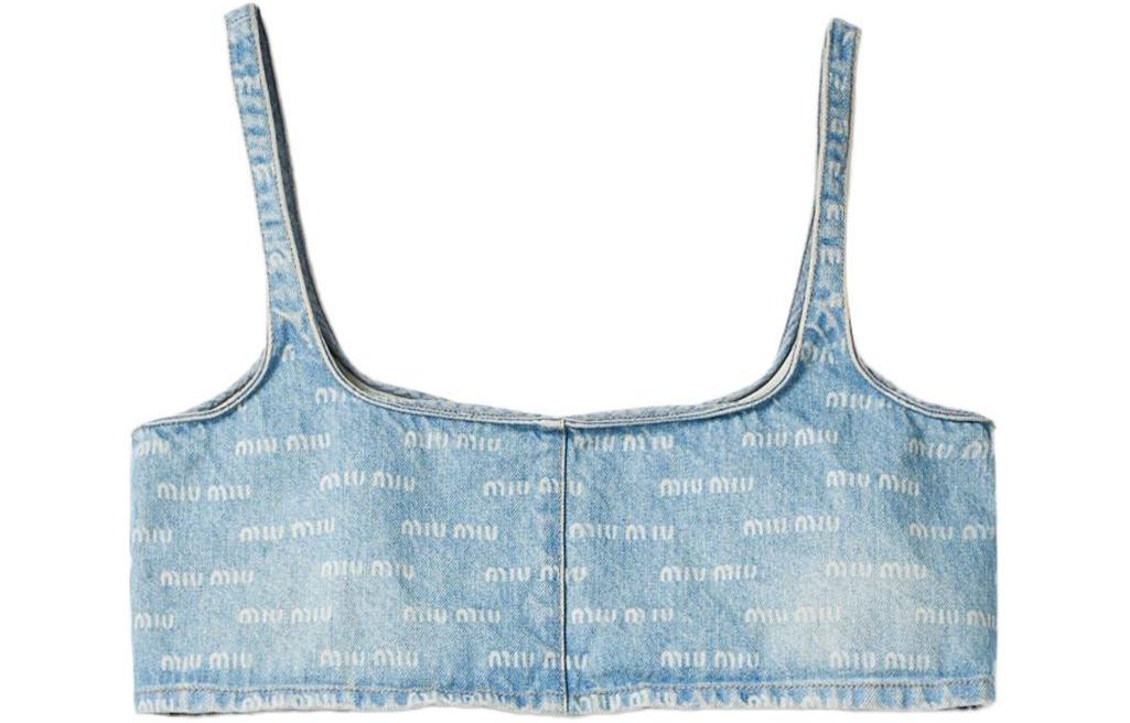 Order (W) MIU MIU SS24 ライトブルー ロゴプリント スクエアネック ストラップトップ GWT058-14HT-F0013-S-OOO
