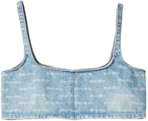 (W) MIU MIU SS24 ライトブルー ロゴプリント スクエアネック ストラップトップ GWT058-14HT-F0013-S-OOO Order (W) MIU MIU SS24 ライトブルー ロゴプリント スクエアネック ストラップトップ GWT058-14HT-F0013-S-OOO