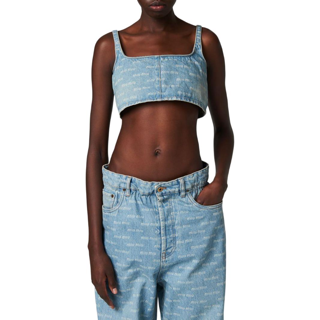 Shop (W) MIU MIU SS24 ライトブルー ロゴプリント スクエアネック ストラップトップ GWT058-14HT-F0013-S-OOO