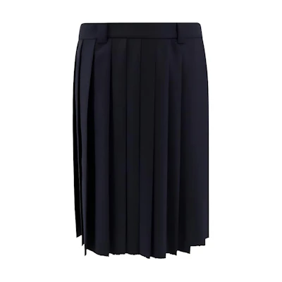 (Women) MIU MIU SS24 Navy Wool Pleated Zipper Casual Long Skirt. MG2052-11AD-F0008-S-232