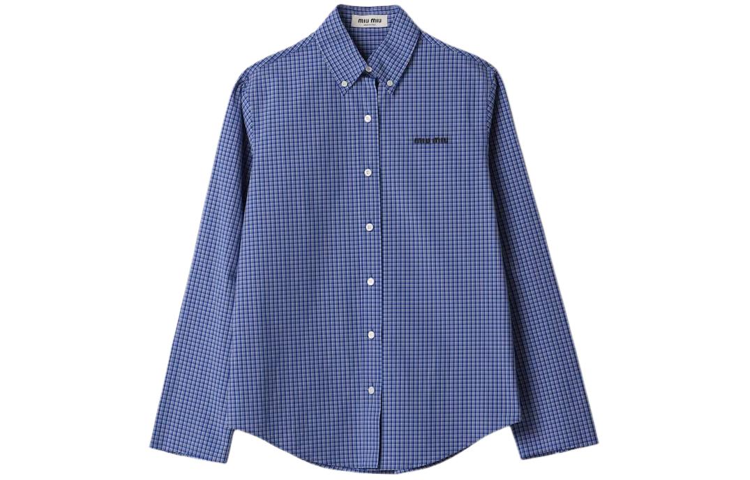 (Women) MIU MIU  SS24 Plaid Embroidered Oversized Long-Sleeve Shirt Blue MK1842-142K-F0013-S-OOO