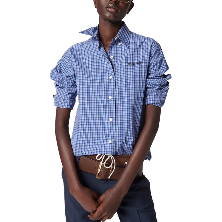 Lookbook (W) MIU MIU 春夏24格纹刺绣宽松长袖衬衫 蓝色 MK1842-142K-F0013-S-OOO