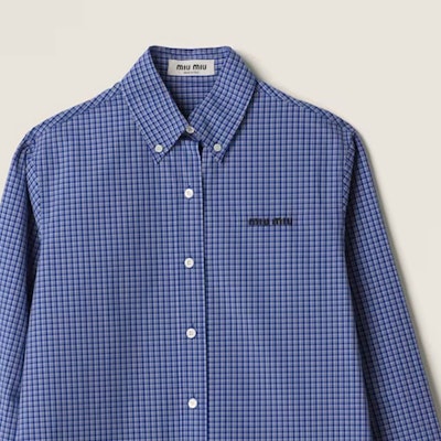 (W) MIU MIU 春夏24格纹刺绣宽松长袖衬衫 蓝色 MK1842-142K-F0013-S-OOO Sizing (W) MIU MIU 春夏24格纹刺绣宽松长袖衬衫 蓝色 MK1842-142K-F0013-S-OOO