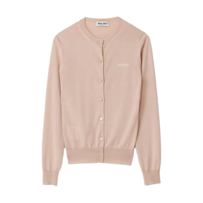 (Women) MIU MIU SS24 White Cashmere Cardigan Sweater with Logo Embroidery. MMF878-13KW-F0627-S-OOO