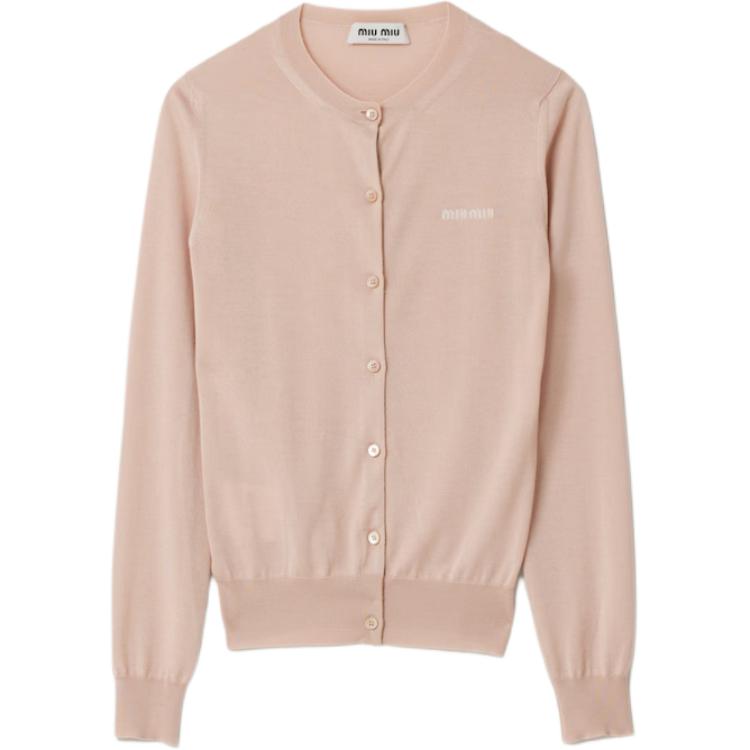 Order (W) MIU MIU SS24 Kardigan Putih Kasmir dengan Sulaman Logo. MMF878-13KW-F0627-S-OOO