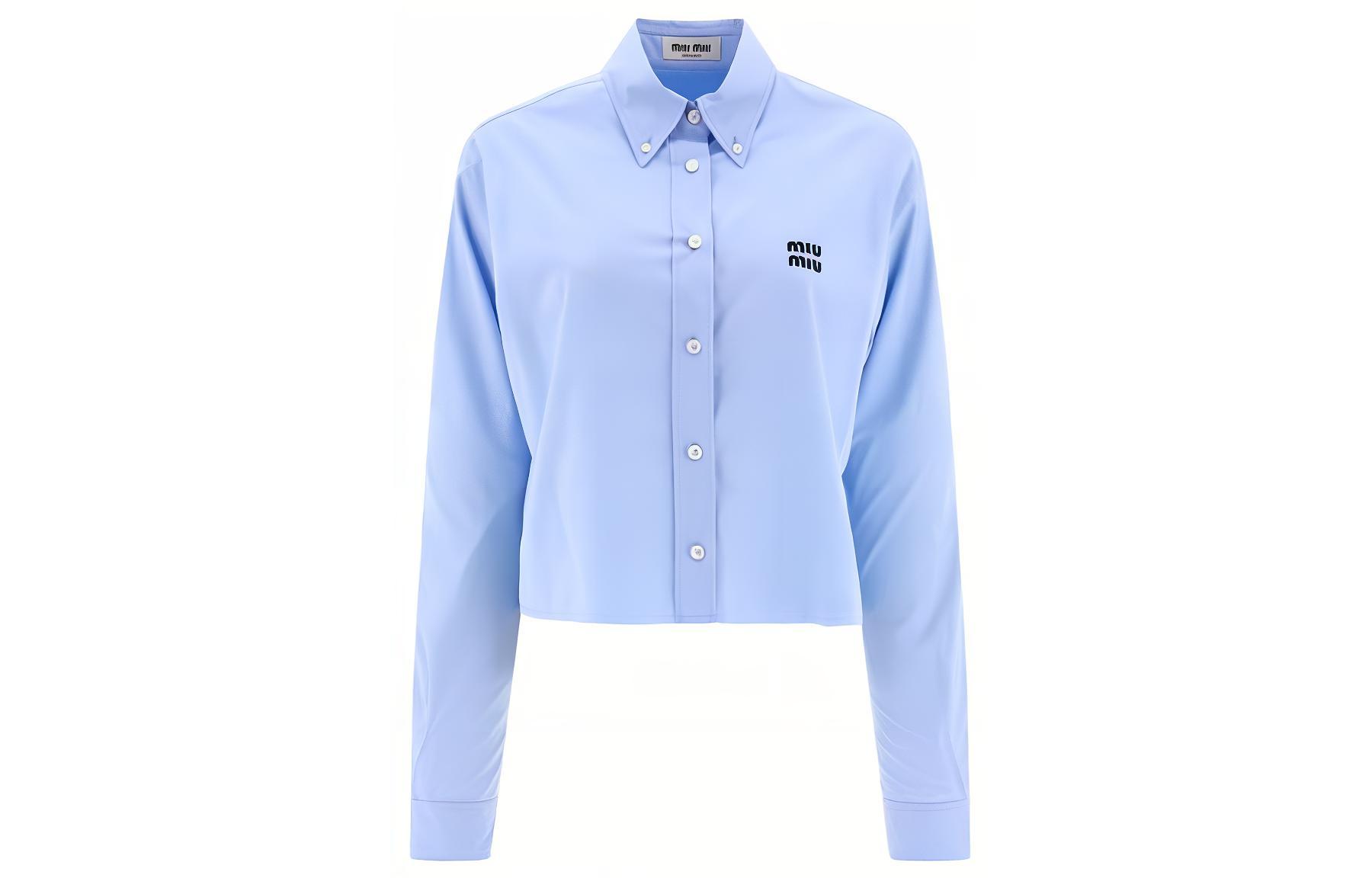 (Women) MIU MIU  Striped Button-Up Cropped Long-Sleeve Shirt Blue MK1793-10RG-F0012