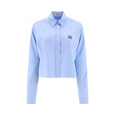 (Women) MIU MIU Striped Button-Up Cropped Long-Sleeve Shirt Blue MK1793-10RG-F0012