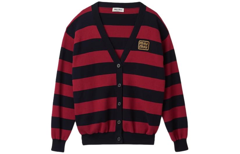 (Women) MIU MIU  Striped Cotton Knit Cardigan Burgundy Button-Up Sweater. MMF857-14M2-F0X58-S-OOO
