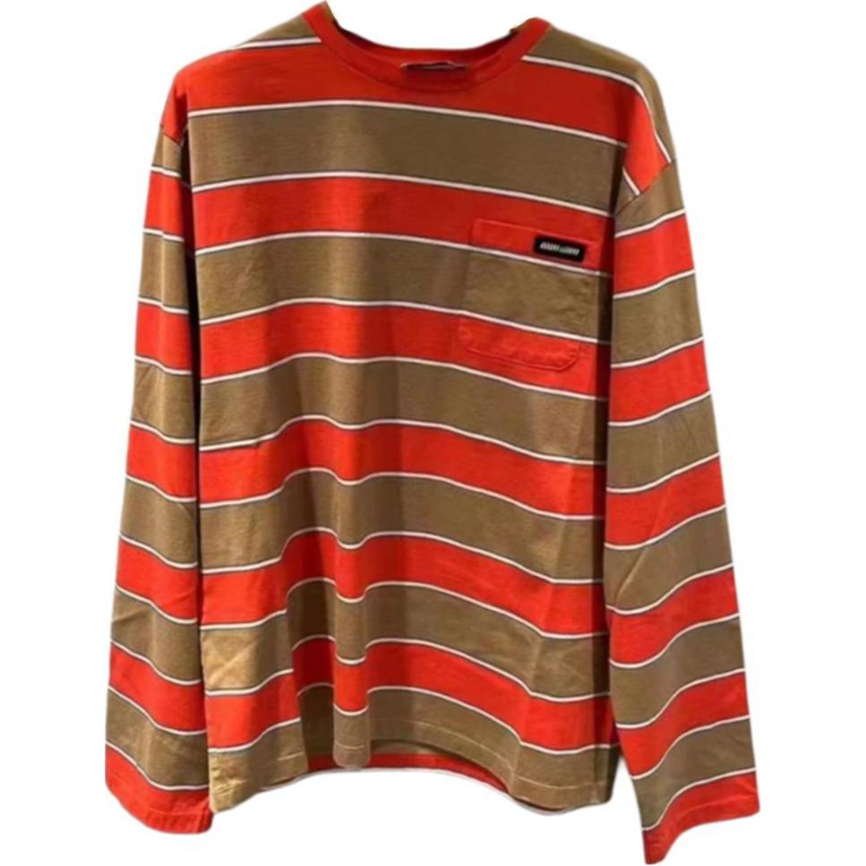 (Women) MIU MIU  Striped Crewneck Loose Long Sleeve T-Shirt Orange SS24 MJL014-14RT-F027R-S-000