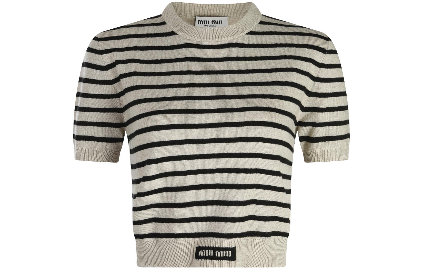(Women) MIU MIU  Striped Crewneck Short-Sleeve Knit Top Light Khaki. MML739-12ZG-F0F6H