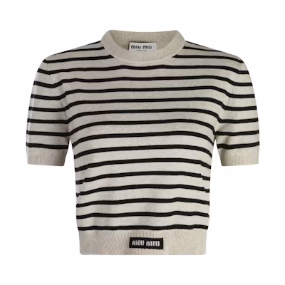 (Women) MIU MIU Striped Crewneck Short-Sleeve Knit Top Light Khaki. MML739-12ZG-F0F6H