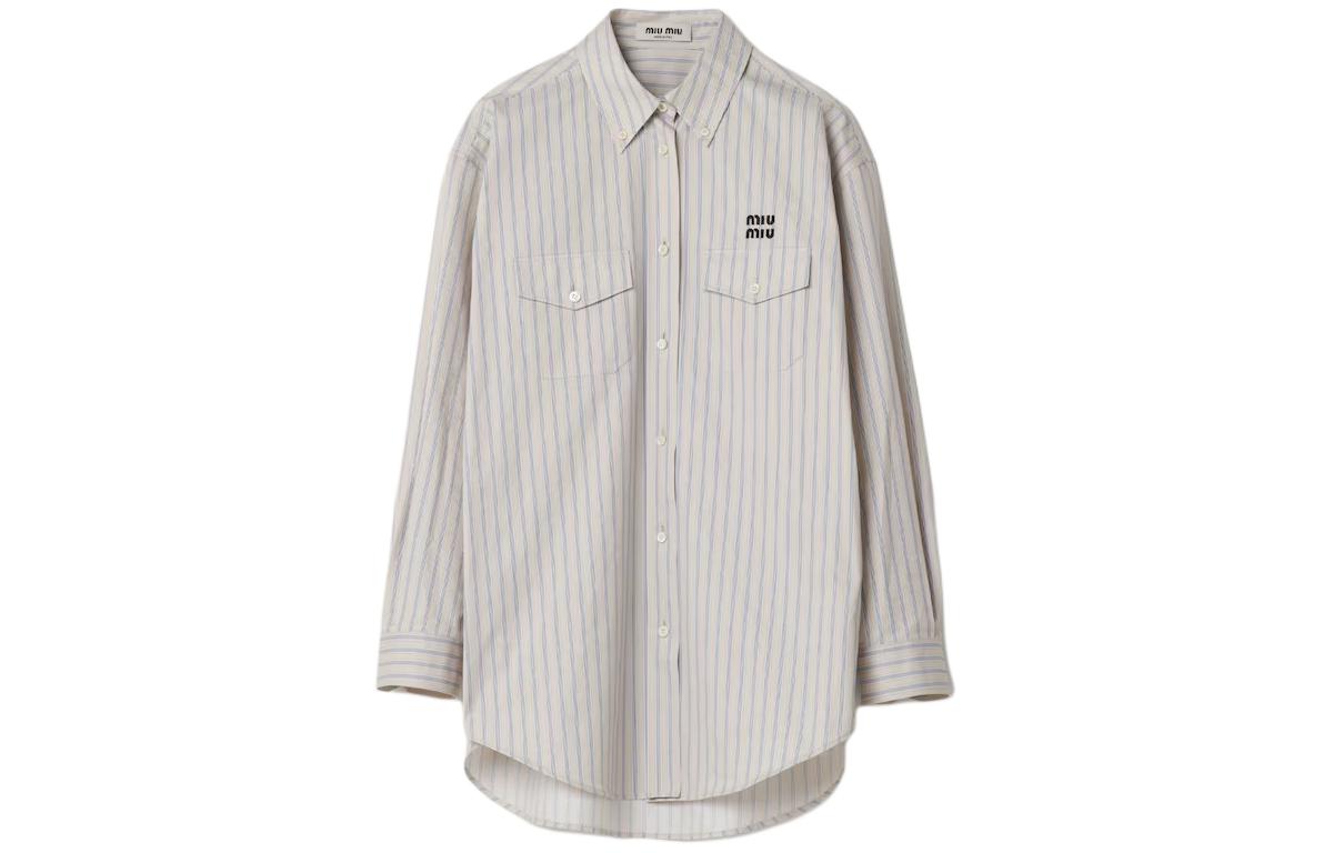 (Women) MIU MIU  Striped Embroidered Logo Long Sleeve Shirt Limestone. MK1830-14H3-F03QI-S-OOO
