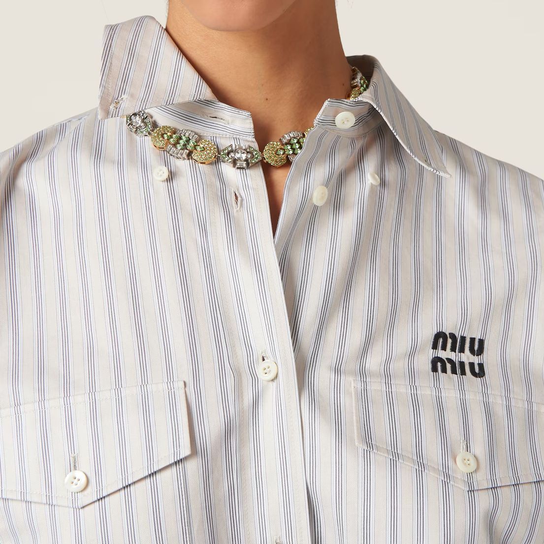 Purchase (W) MIU MIU 条纹刺绣标志长袖衬衫 石灰色 MK1830-14H3-F03QI-S-OOO