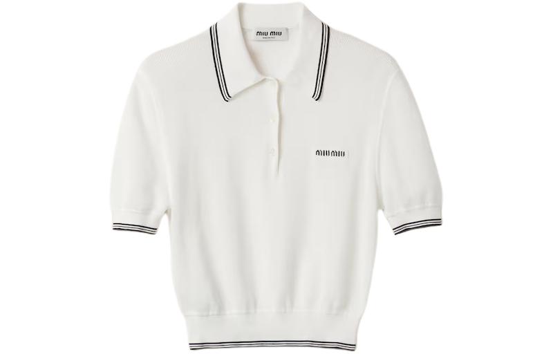 (Women) MIU MIU  Striped Letter Casual Short-Sleeve Polo Shirt White. MML956-15BL-F0944-S-OOO