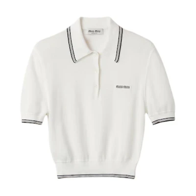 (Women) MIU MIU Striped Letter Casual Short-Sleeve Polo Shirt White. MML956-15BL-F0944-S-OOO