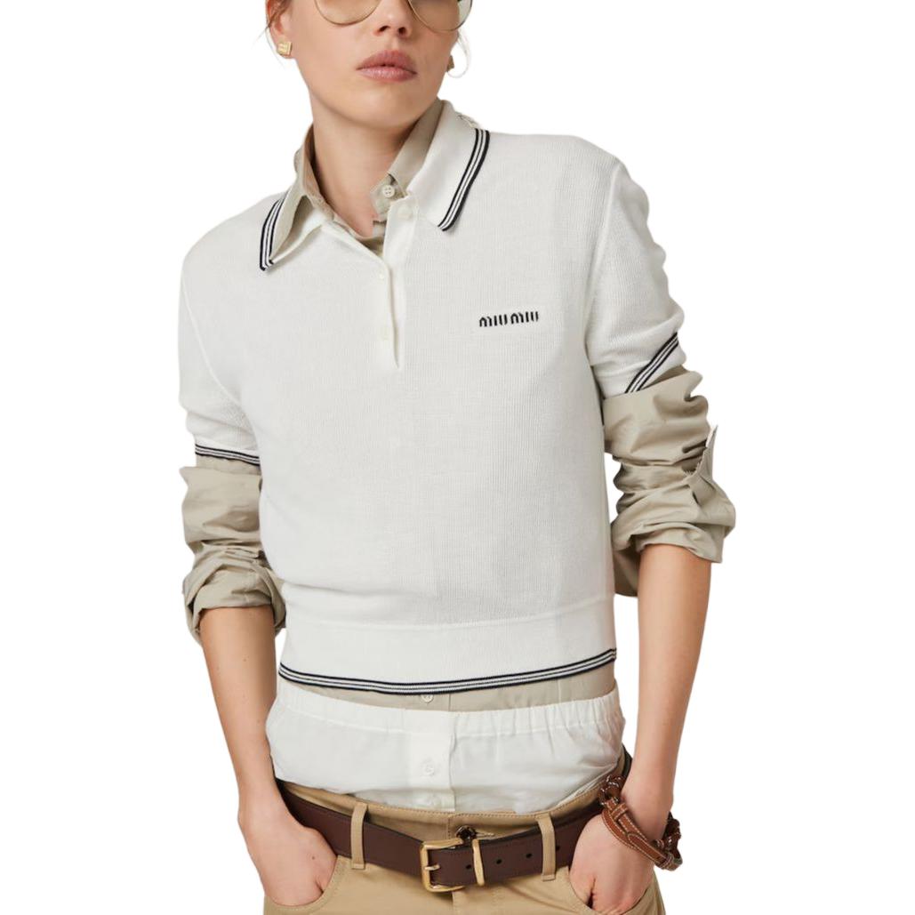 Lookbook (W) MIU MIU Kemeja Polo Lengan Pendek Garis Kasual Putih. MML956-15BL-F0944-S-OOO