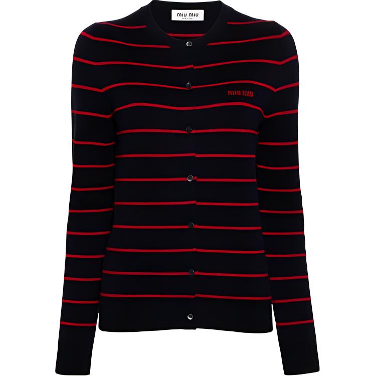 (Women) MIU MIU  Striped Letter Logo Printed Knit Cardigan Long Sleeve Multicolor. MMF895-15NDF-0969-S-OOO