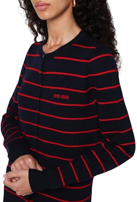 (W) MIU MIU Kardigan Rajutan Jalur Logo Huruf Lengan Panjang Pelbagai Warna. MMF895-15NDF-0969-S-OOO 1