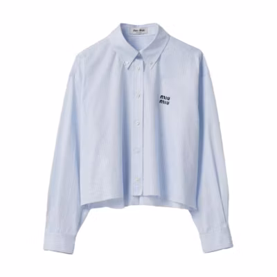 (Women) MIU MIU Striped Letter Print Cropped Long Sleeve Shirt Blue MK1659-14BC-F0X24-S-OOO