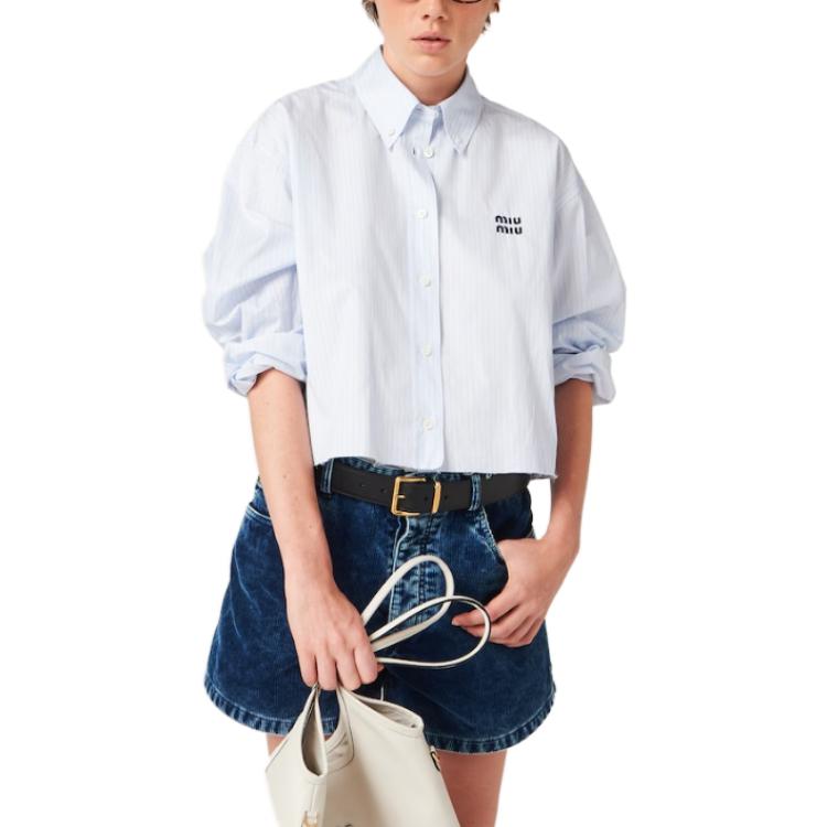 (Women) MIU MIU  Striped Letter Print Cropped Long Sleeve Shirt Blue MK1659-14BC-F0X24-S-OOO 圖 3