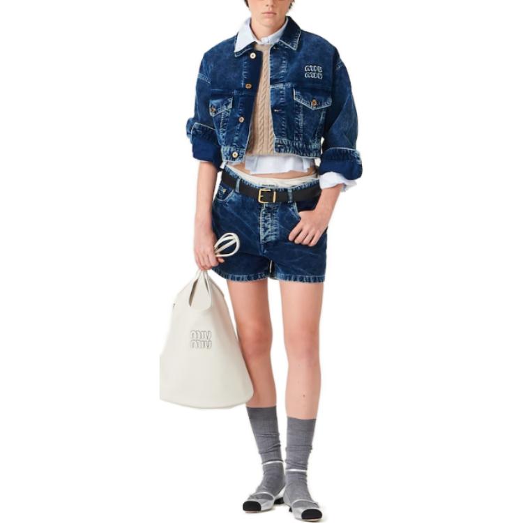 (Women) MIU MIU  Striped Letter Print Cropped Long Sleeve Shirt Blue MK1659-14BC-F0X24-S-OOO 圖 4