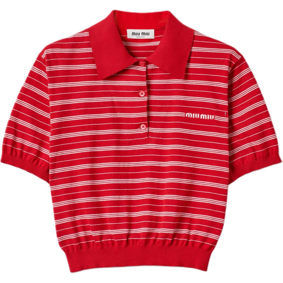 (Women) MIU MIU  Striped Letter Short Sleeve Polo Shirt - Red. MML949-140V-F0011-S-OOO